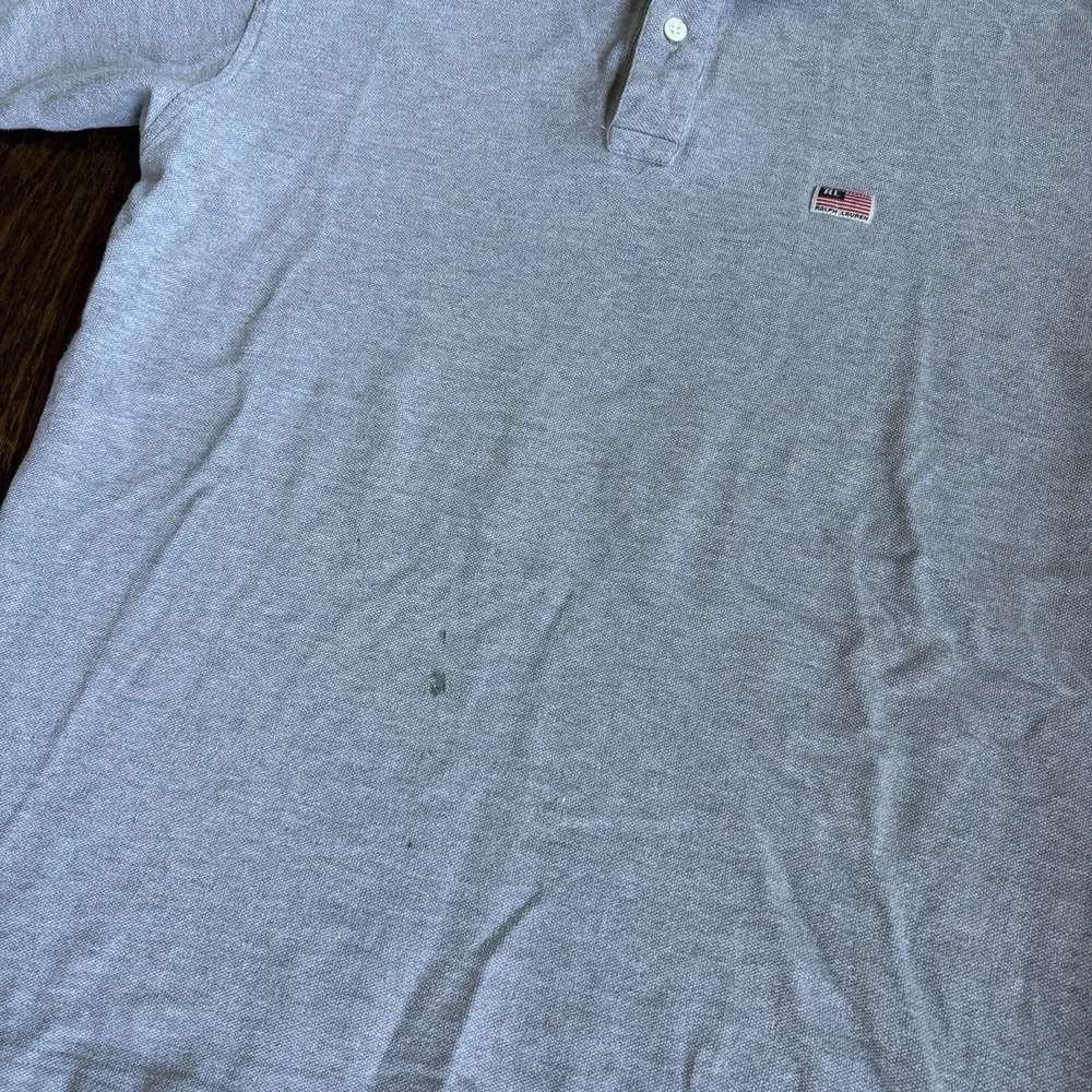 Vtg 90s Ralph Lauren USA Flag Patch Polo Shirt Mens M Gray Short Sleeve Heavy